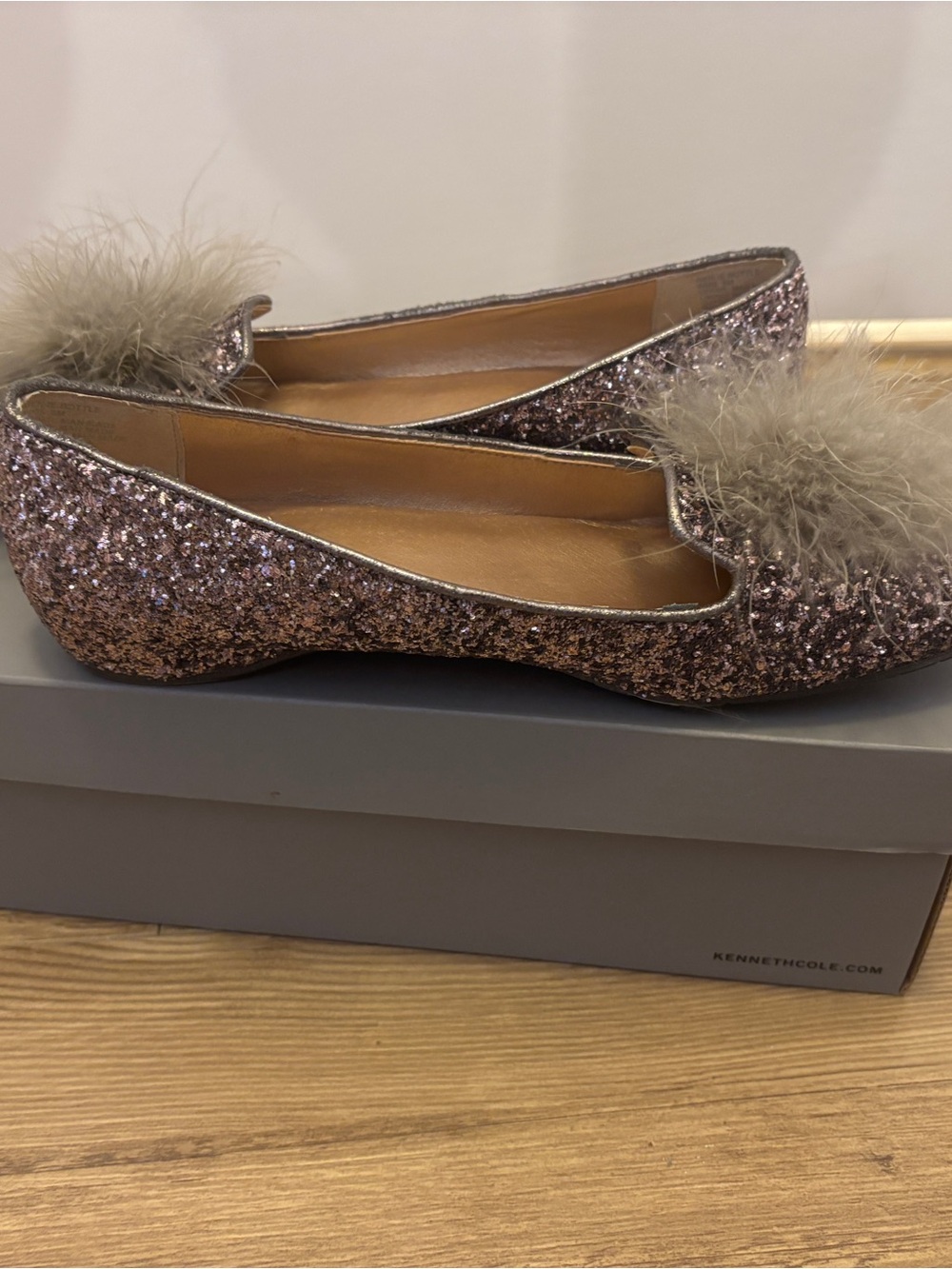 Kenneth Cole Rose Gold Glitter Pom-Pom Slip-Ons